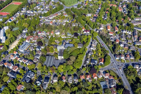 Aerial view, local view, Ernst-Barlach-Gymnasium, building area Kessebürener Weg, Unna, Ruhr area,