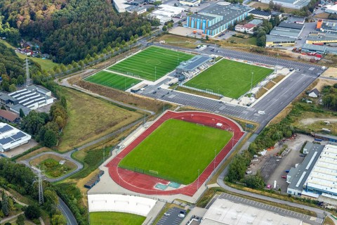 Aerial view, new Oberliga stadium, EMKA Sportzentrum Velbert, Röttgen, Velbert, Ruhr area, North