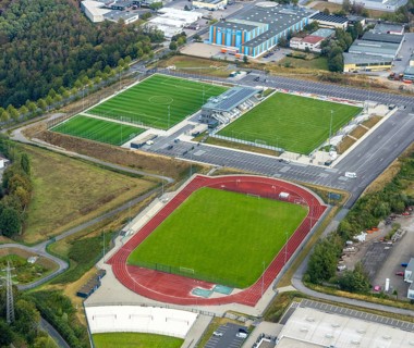 Aerial view, new Oberliga stadium, EMKA Sportzentrum Velbert, Röttgen, Velbert, Ruhr area, North