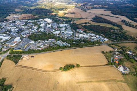 Aerial view, industrial area Röbbeck, Stahlstraße, farmland Großes Feld, planned industrial area,
