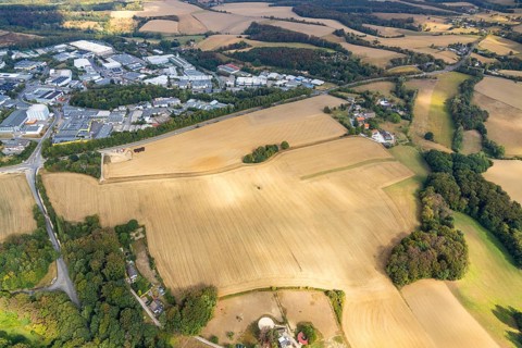 Aerial view, farmland Großes Feld, planned industrial area, Langenberger Straße, construction site,