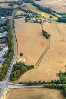 Aerial view, farmland Großes Feld, planned industrial area, Langenberger Straße, construction site,
