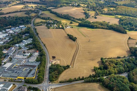 Aerial view, farmland Großes Feld, planned industrial area, Langenberger Straße, construction site,
