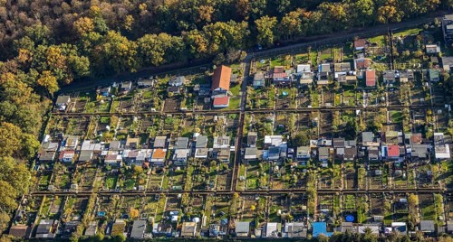 Aerial view, Gartenbauverein Bergmannslust e.V., Möllen, Voerde, Ruhr area, North Rhine-Westphalia,