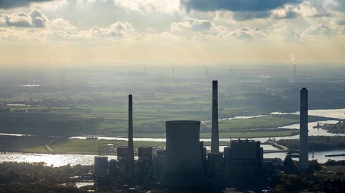 Aerial view, former power plant Voerde in backlight, Frankfurter Straße, river Rhine, shipping,