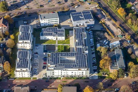 Aerial view, Senioren-Park carpe diem Voerde, Voerde, Ruhr area, North Rhine-Westphalia, Germany,