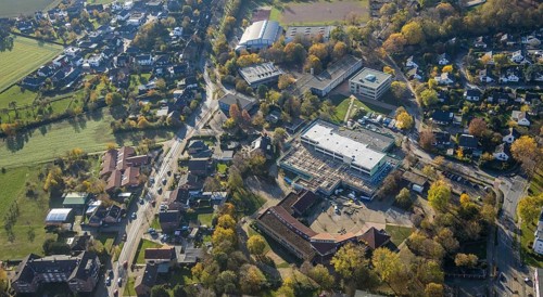 Aerial view, construction site new building Comenius comprehensive school Voerde, Voerde, Ruhr
