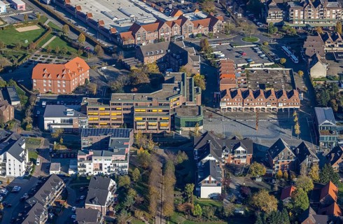 Aerial view, town hall Voerde, town hall square, hotel Niederrhein, Voerde, North Rhine-Westphalia,