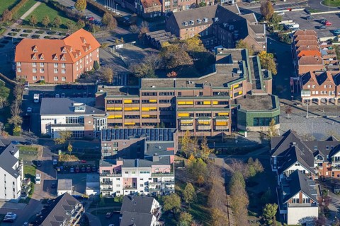 Aerial view, town hall Voerde, town hall square, hotel Niederrhein, Voerde, North Rhine-Westphalia,