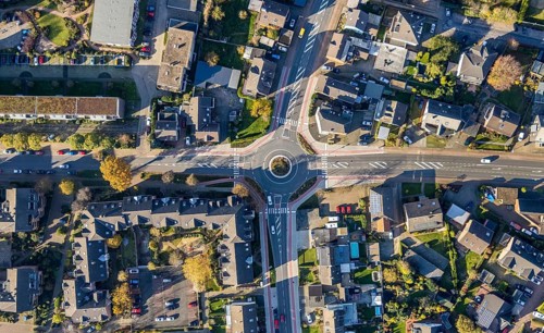Aerial view, roundabout, Steinstraße, Dinslakener Straße, Voerde, Ruhr area, North