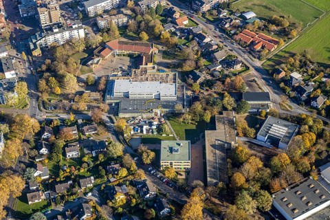 Aerial view, construction site new building Comenius comprehensive school Voerde, Voerde, Ruhr