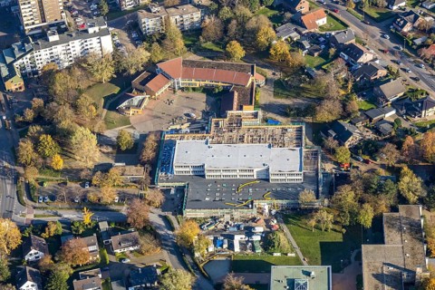 Aerial view, construction site new building Comenius comprehensive school Voerde, Voerde, Ruhr