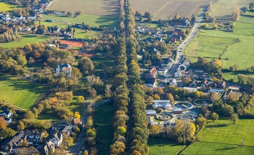 Aerial view, wooded railway line along Frankfurter Straße, reactivation of the Walsum railway,