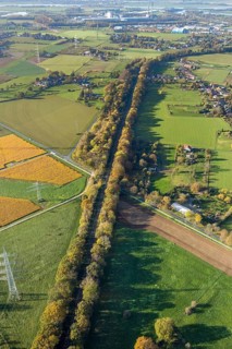 Aerial view, wooded railway line along Frankfurter Straße, reactivation of the Walsum railway,