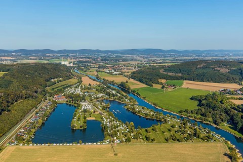 Aerial photo, family campsite Borlefzen, river Weser, Uffeln, Vlotho, OWL, Ostwestfalen-Lippe, East