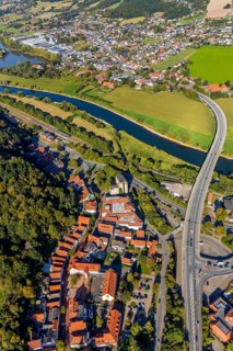 Aerial view, local view, residential area at the edge of the forest Langestraße, Weser bridge,