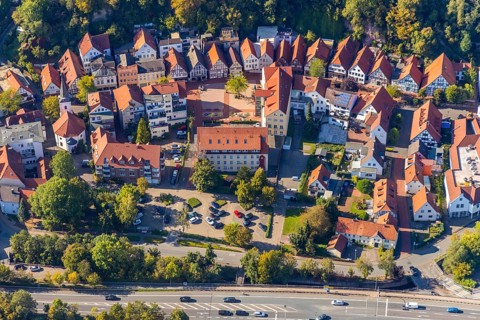 Aerial view, local view, residential area at the edge of the forest Langestraße, Vlotho, OWL,