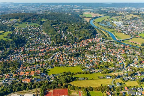 Aerial view, local view, Weser bridge, Vlotho, OWL, Ostwestfalen-Lippe, East Westphalia, North