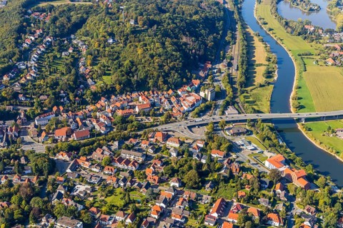 Aerial view, local view, Weser bridge, Vlotho, OWL, Ostwestfalen-Lippe, East Westphalia, North