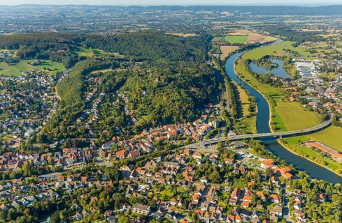 Aerial view, local view, Weser bridge, Vlotho, OWL, Ostwestfalen-Lippe, East Westphalia, North