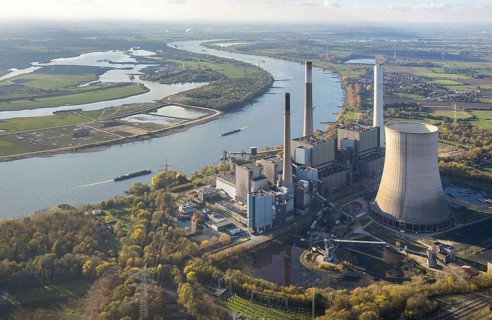Aerial view, former power plant Voerde, Frankfurter Straße, river Rhine, navigation, Möllen,
