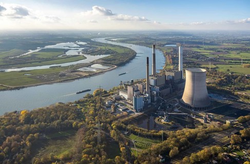 Aerial view, former power plant Voerde, Frankfurter Straße, river Rhine, navigation, Möllen,