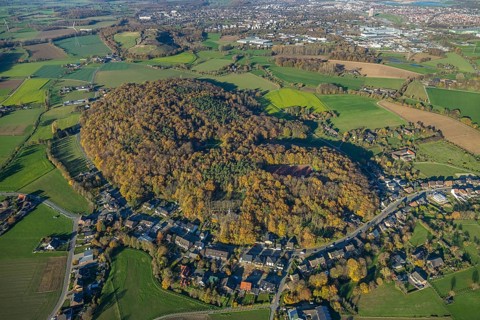 Aerial view, forest area Rayener Berg, sports field SuS Rayen, Rayen, Neukirchen-Vluyn, Ruhr area,