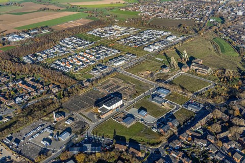 Aerial view, former Niederberg colliery, Dicksche Heide development area, Niederberg Park,