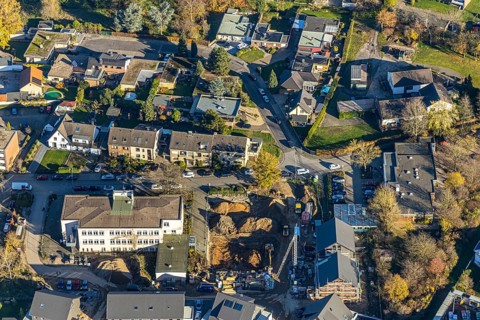 Aerial view, VHS Neukirchen-Vluyn, construction site, new building, residential area, Vluyn,