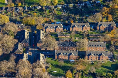 Aerial view, residential area Bergwerkssiedlung Etzoldplatz, Vluyn, Neukirchen-Vluyn, Ruhr area,