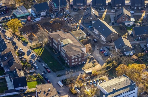 Aerial view, VHS Neukirchen-Vluyn, construction site, new building, residential area, Vluyn,
