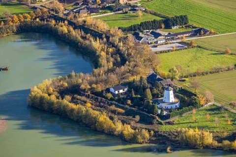 Aerial view, mill, An der Neuen Mühle, quarry pond, Neukirchen, Neukirchen-Vluyn, Ruhr area, North