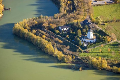 Aerial view, mill, An der Neuen Mühle, quarry pond, Neukirchen, Neukirchen-Vluyn, Ruhr area, North