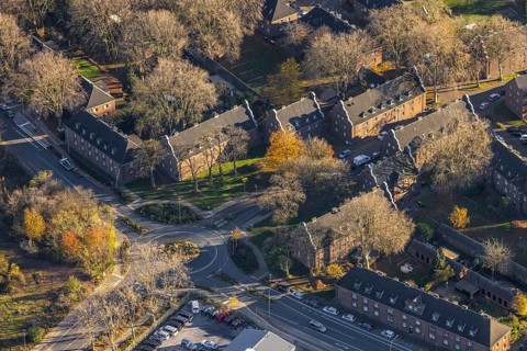 Aerial view, residential area Bergwerkssiedlung Etzoldplatz, Vluyn, Neukirchen-Vluyn, Ruhr area,