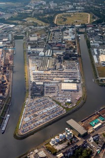 Aerial photo, harbour area, harbour facilities, Obererft, Neuss, city limits Düsseldorf, Rhineland,