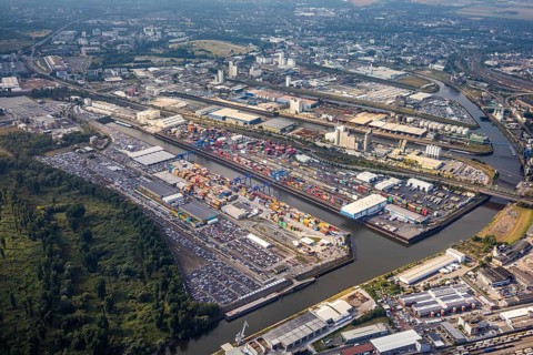 Aerial photo, harbour area, harbour facilities, Obererft, Neuss, city limits Düsseldorf, Rhineland,
