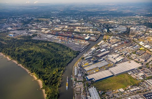 Aerial photo, harbour area, harbour facilities, Obererft, Neuss, city limits Düsseldorf, Rhineland,
