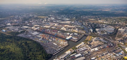 Aerial photo, harbour area, harbour facilities, Obererft, Neuss, city limits Düsseldorf, Rhineland,