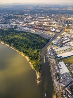 Aerial photo, harbour area, harbour facilities, Obererft, Neuss, city limits Düsseldorf, Rhineland,