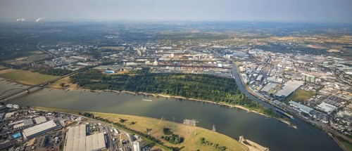 Aerial photo, harbour area, harbour facilities, Obererft, Neuss, city limits Düsseldorf, Rhineland,