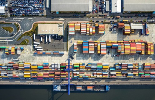 Aerial view, harbour area, harbour facilities, Contargo Neuss GmbH, container loading, container