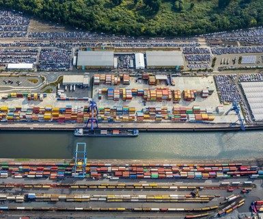 Aerial view, harbour area, harbour facilities, Contargo Neuss GmbH, container loading, container