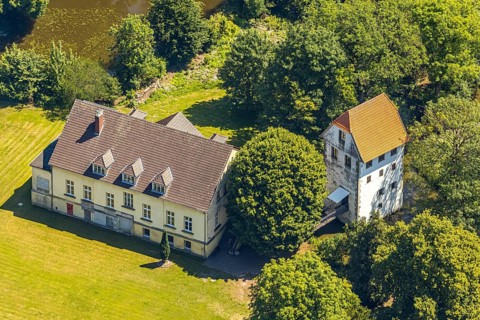 Aerial view, Bispinghof, uses the Westfälische Wilhelms-Universität, Nordwalde, Münsterland, North