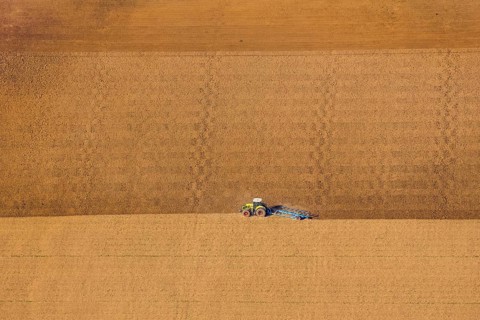 Aerial view, tractor in the field, harvest time, harrowing, Bergheim, Steinheim,