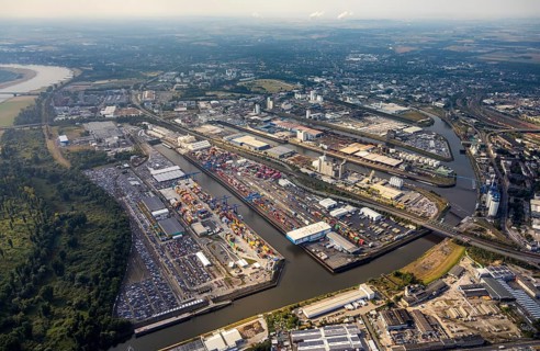 Aerial photo, harbour area, harbour facilities, Obererft, Neuss, city limits Düsseldorf, Rhineland,