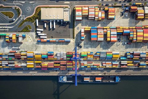 Aerial view, harbour area, harbour facilities, Contargo Neuss GmbH, container loading, container