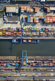 Aerial view, harbour area, harbour facilities, Contargo Neuss GmbH, container loading, container