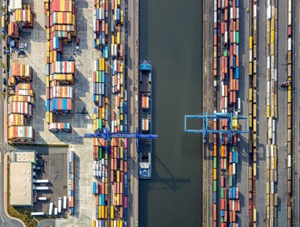 Aerial view, harbour area, harbour facilities, Contargo Neuss GmbH, container loading, container