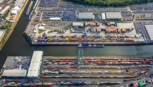 Aerial view, harbour area, harbour facilities, Contargo Neuss GmbH, container loading, container
