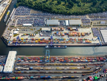 Aerial view, harbour area, harbour facilities, Contargo Neuss GmbH, container loading, container